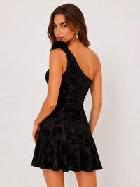 Black Lace One Shoulder Homecoming Mini Dress with 3D Flower