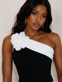 Black One Shoulder Homecoming Mini Dress with Flower Applique and Side Ruffle