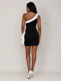 Black One Shoulder Homecoming Mini Dress with Flower Applique and Side Ruffle