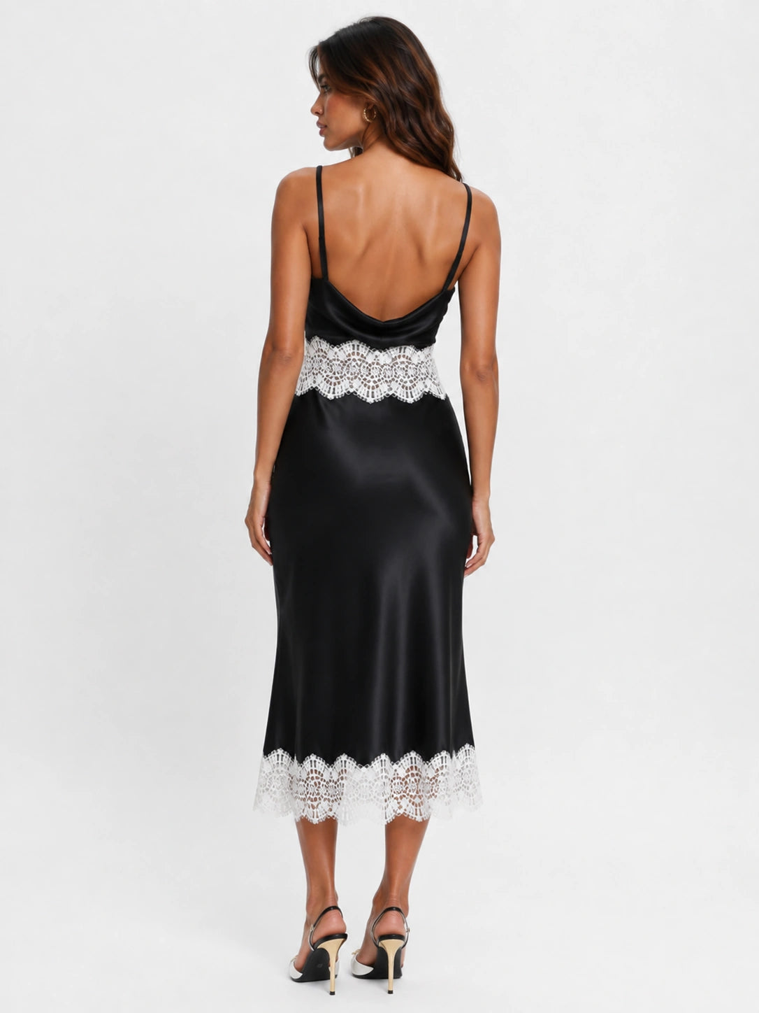 Black Satin Cowl Neck Midi Dress with Contrast White Lace Trim