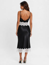 Black Satin Cowl Neck Midi Dress with Contrast White Lace Trim