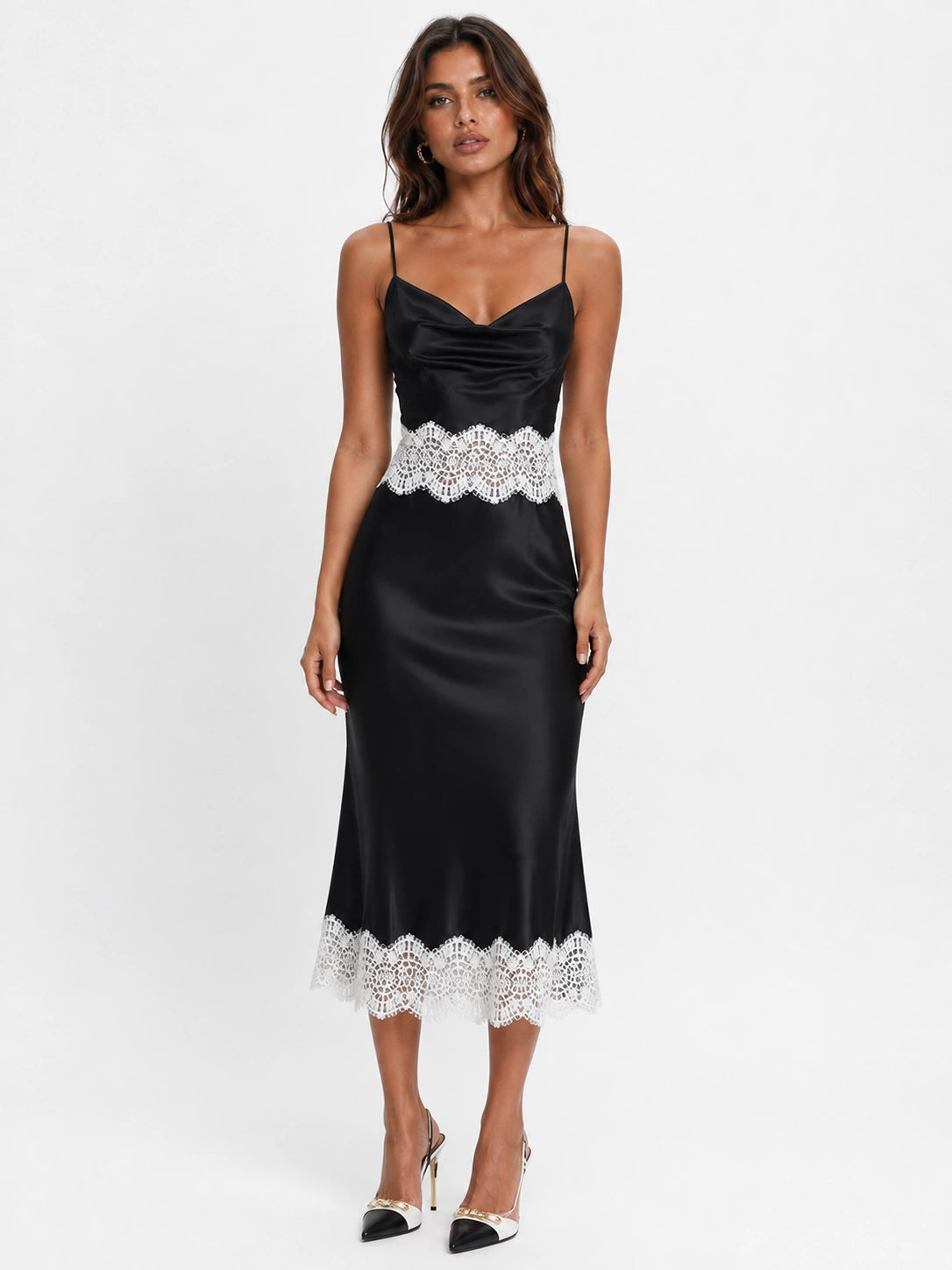 Black Satin Cowl Neck Midi Dress with Contrast White Lace Trim