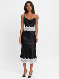 Black Satin Cowl Neck Midi Dress with Contrast White Lace Trim