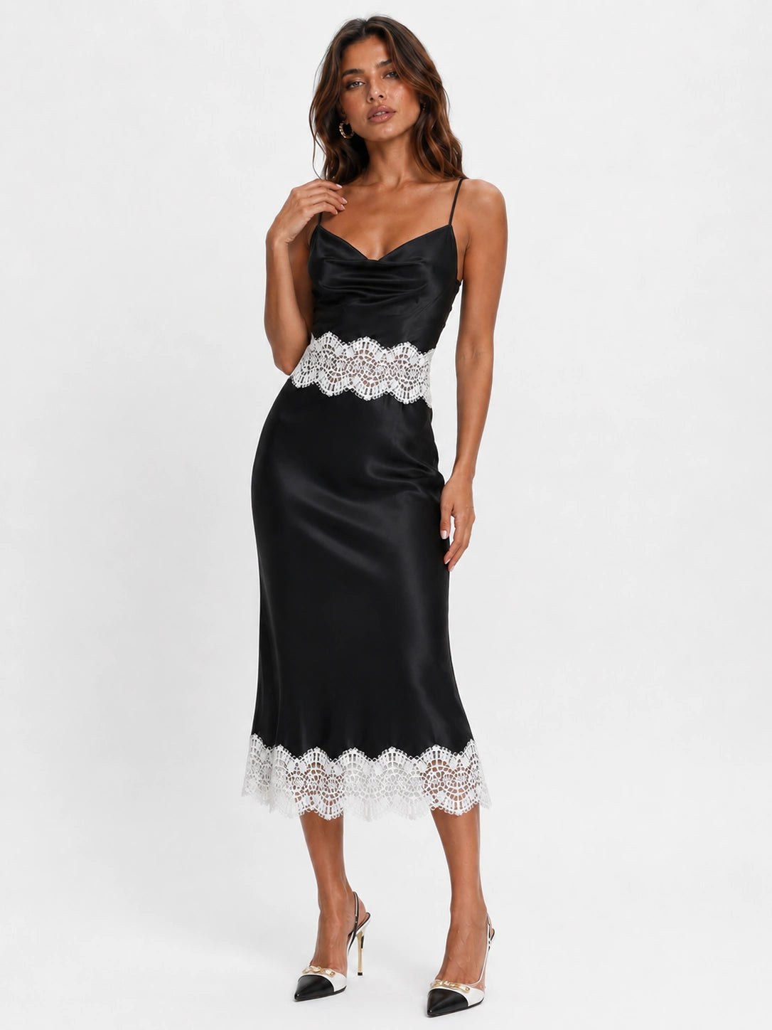 Black Satin Cowl Neck Midi Dress with Contrast White Lace Trim