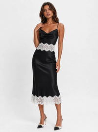 Black Satin Cowl Neck Midi Dress with Contrast White Lace Trim