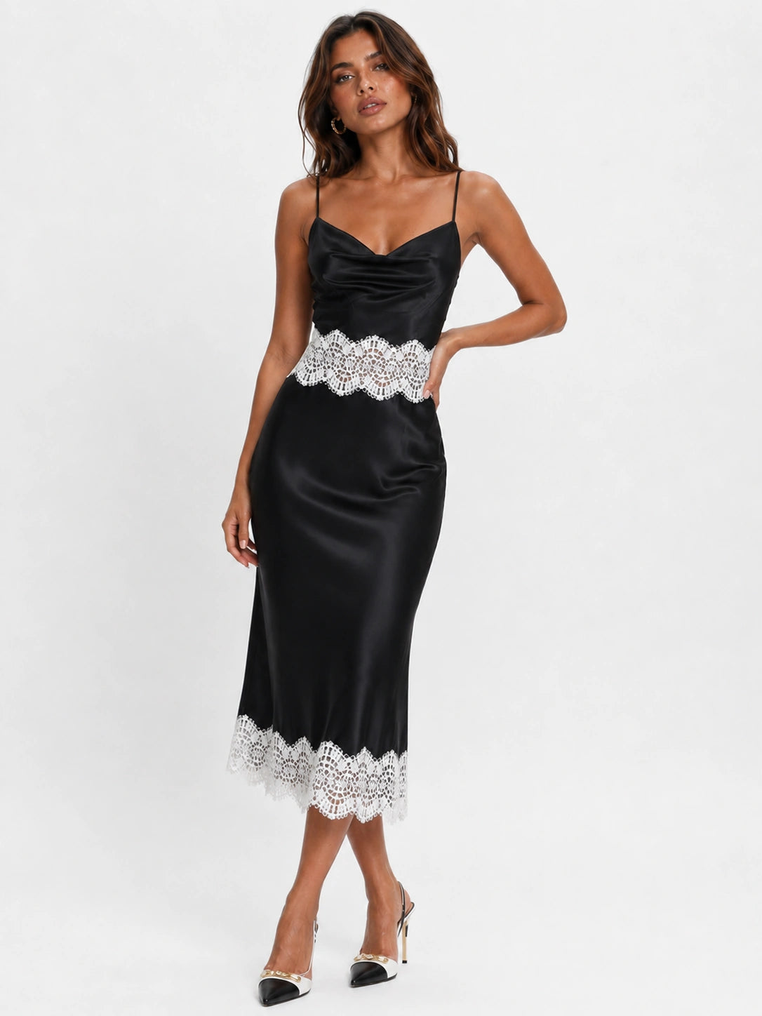 Black Satin Cowl Neck Midi Dress with Contrast White Lace Trim
