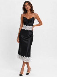 Black Satin Cowl Neck Midi Dress with Contrast White Lace Trim