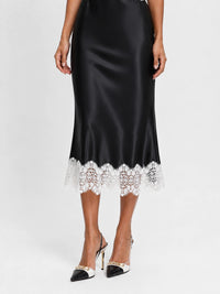 Black Satin Cowl Neck Midi Dress with Contrast White Lace Trim