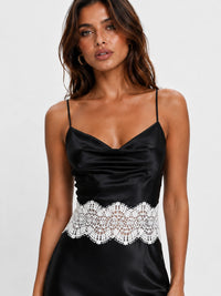 Black Satin Cowl Neck Midi Dress with Contrast White Lace Trim