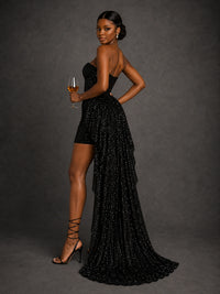 Black Sequin High Low Strapless Dress