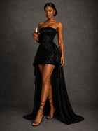 Black Sequin High Low Strapless Dress