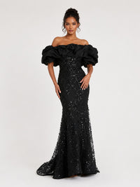 Jovellee black sequin off-shoulder ruffle mermaid prom dress