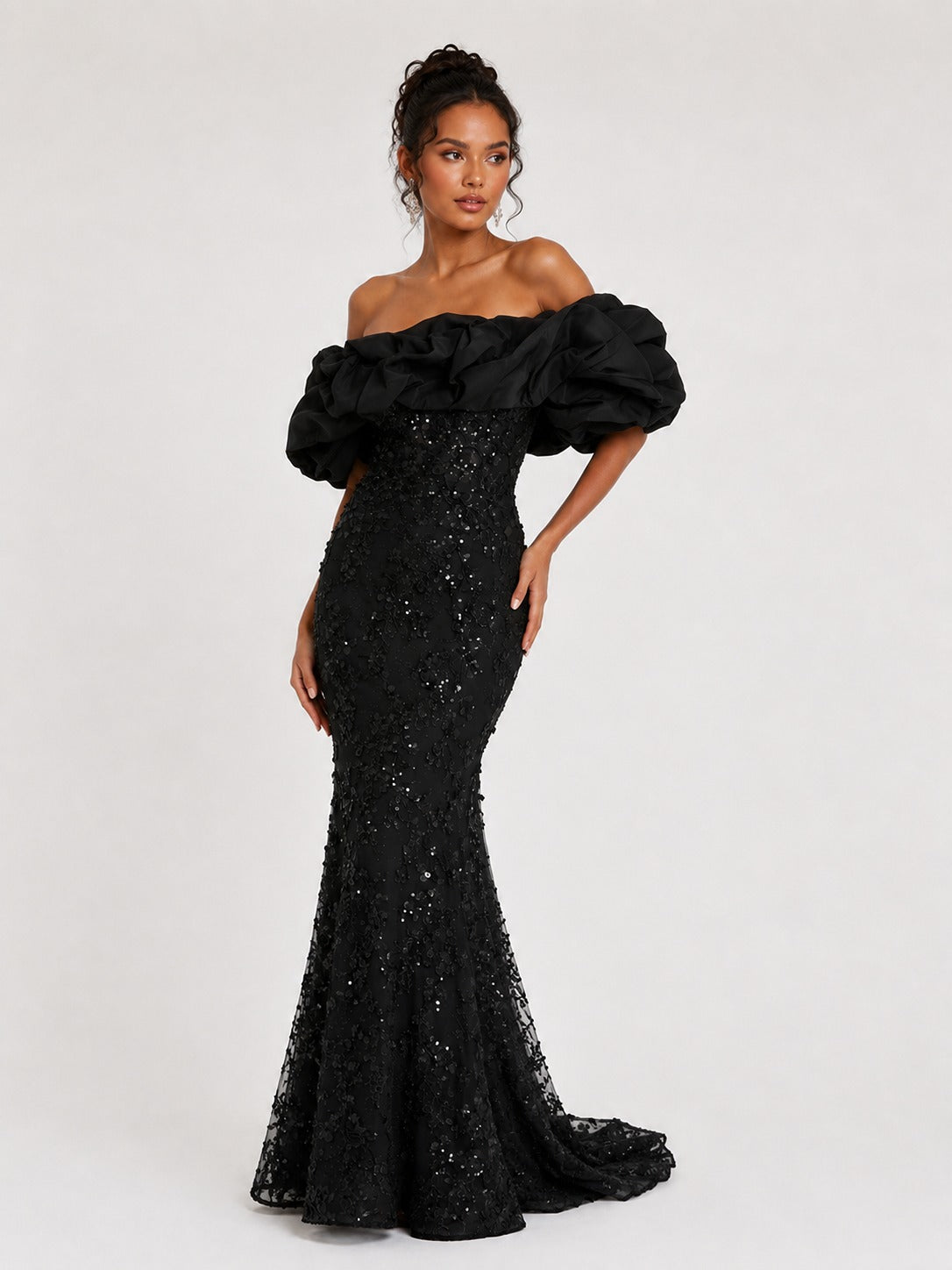 Black sequin embellishment on mermaid prom gown