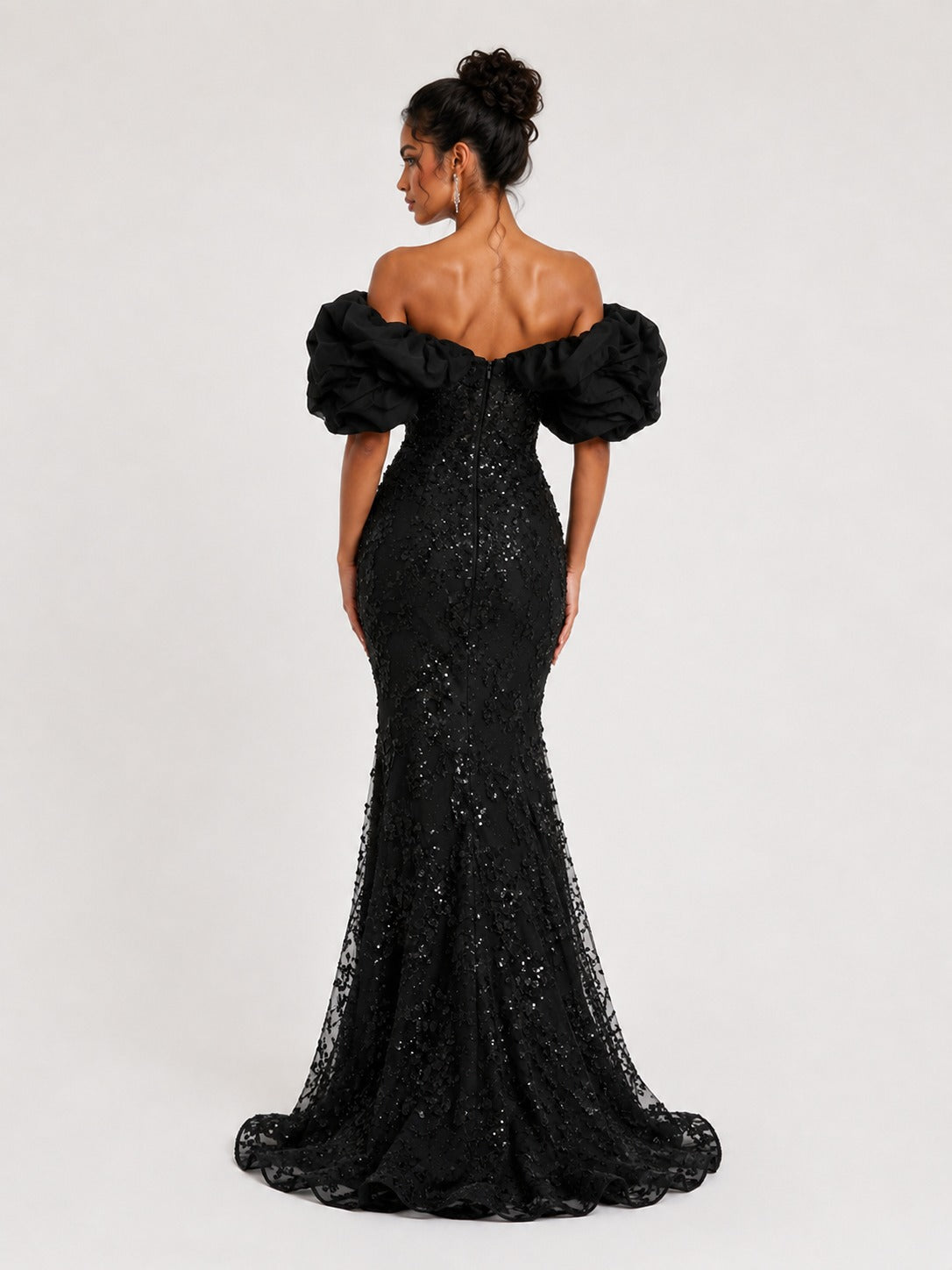 Black off-shoulder mermaid prom dress back view