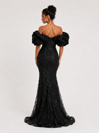 Black off-shoulder mermaid prom dress back view