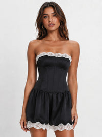 Black Strapless Corset Mini Dress with Lace Trim Bubble Hem