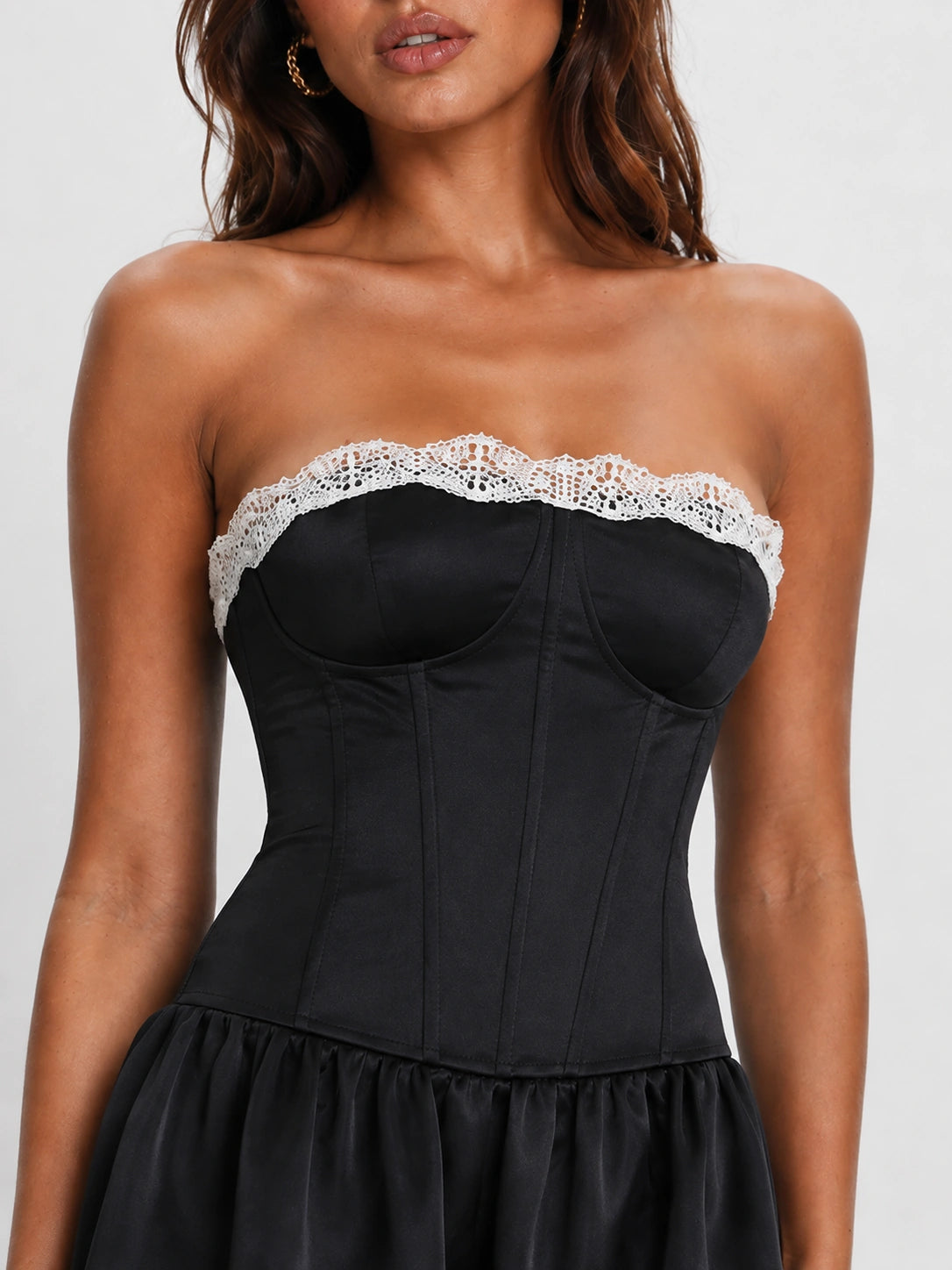 Black Strapless Corset Mini Dress with Lace Trim Bubble Hem