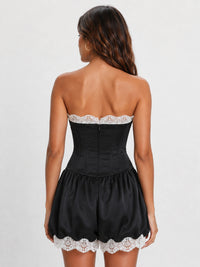Black Strapless Corset Mini Dress with Lace Trim Bubble Hem