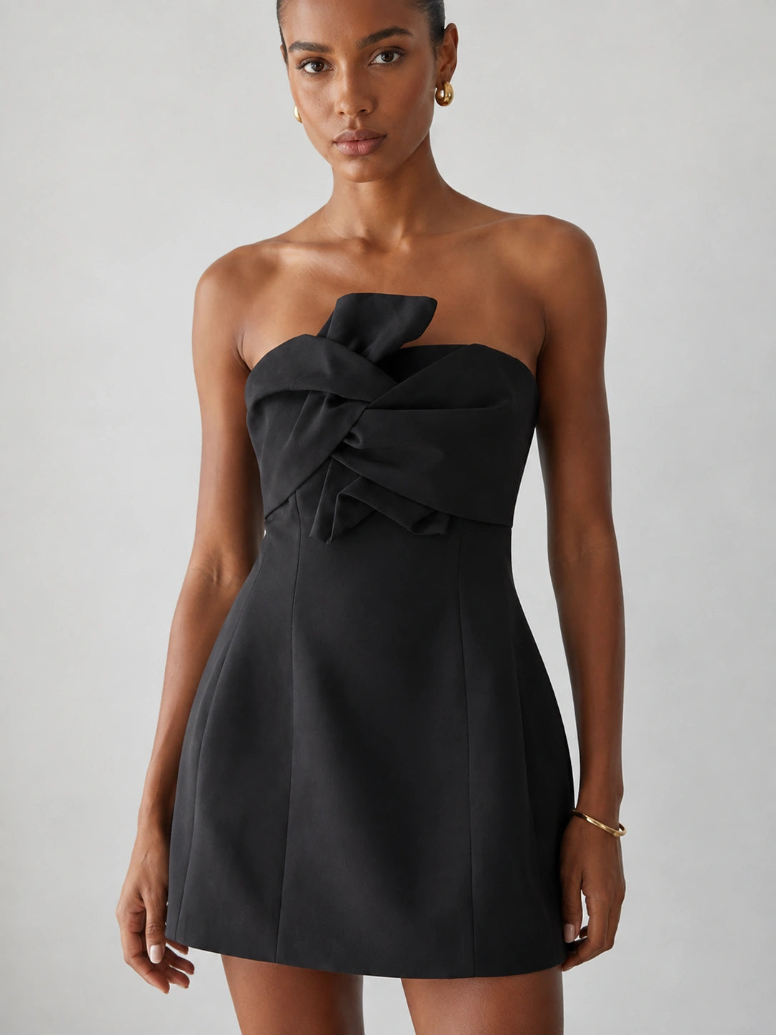 Black Strapless Mini Dress with Bow and Pockets
