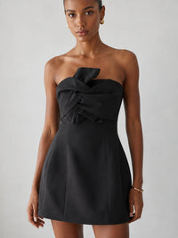 Black Strapless Mini Dress with Bow and Pockets