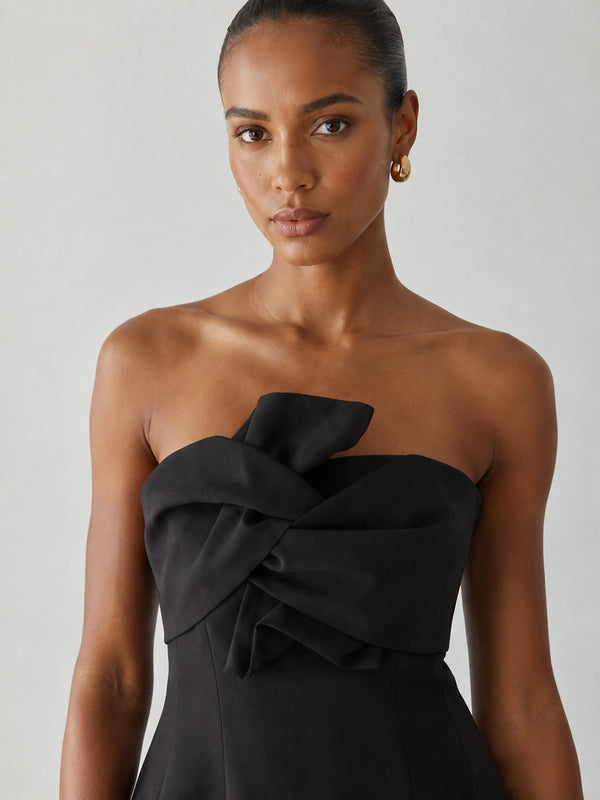 Black Strapless Mini Dress with Bow and Pockets