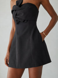 Black Strapless Mini Dress with Bow and Pockets