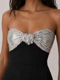 Black Strapless Sequin Bow High-Slit Midi Dress