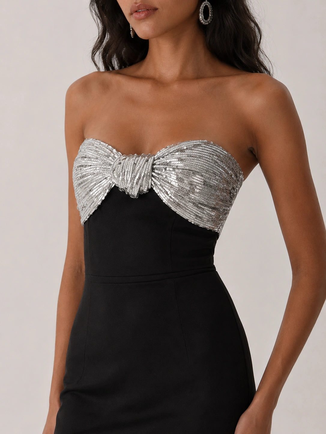 Black Strapless Sequin Bow High-Slit Midi Dress