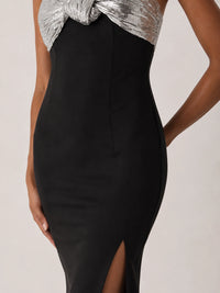 Black Strapless Sequin Bow High-Slit Midi Dress