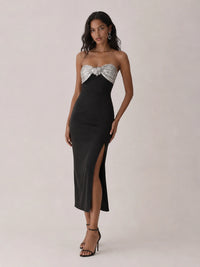 Black Strapless Sequin Bow High-Slit Midi Dress