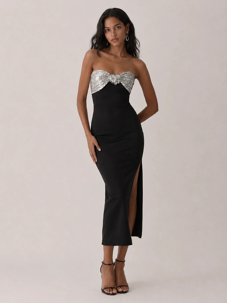 Black Strapless Sequin Bow High-Slit Midi Dress