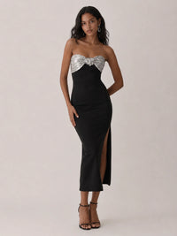 Black Strapless Sequin Bow High-Slit Midi Dress