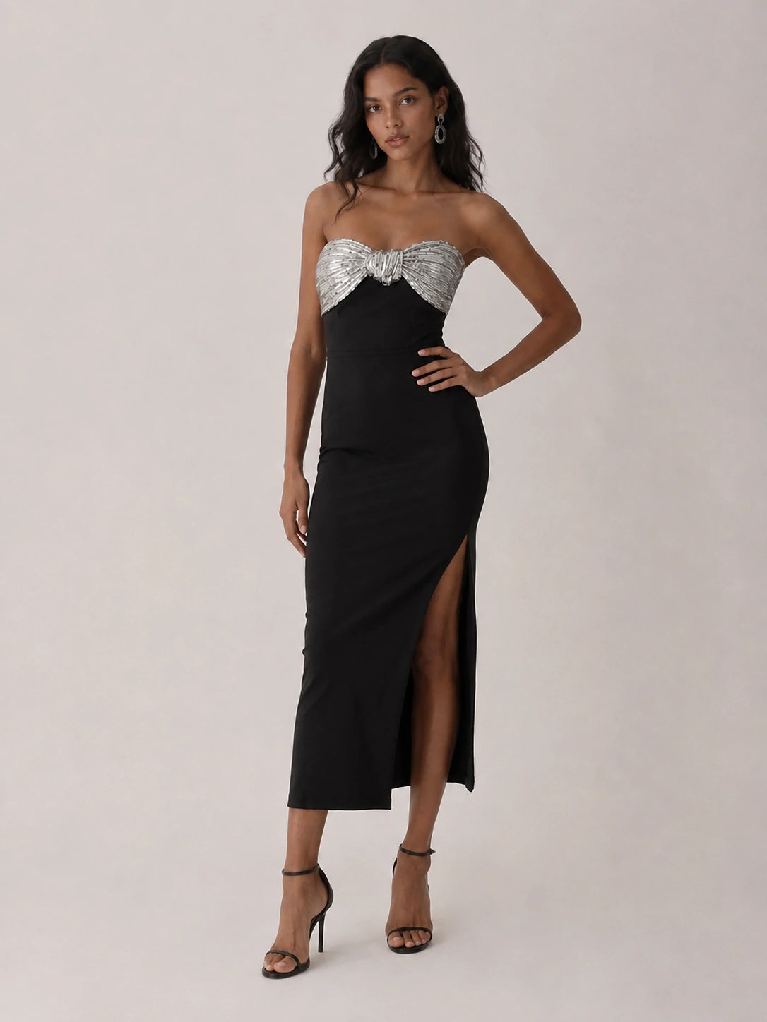 Black Strapless Sequin Bow High-Slit Midi Dress