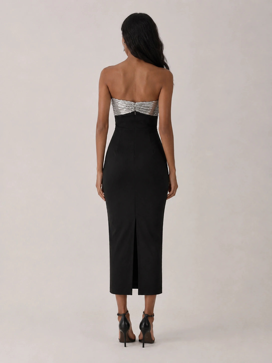 Black Strapless Sequin Bow High-Slit Midi Dress