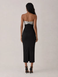 Black Strapless Sequin Bow High-Slit Midi Dress
