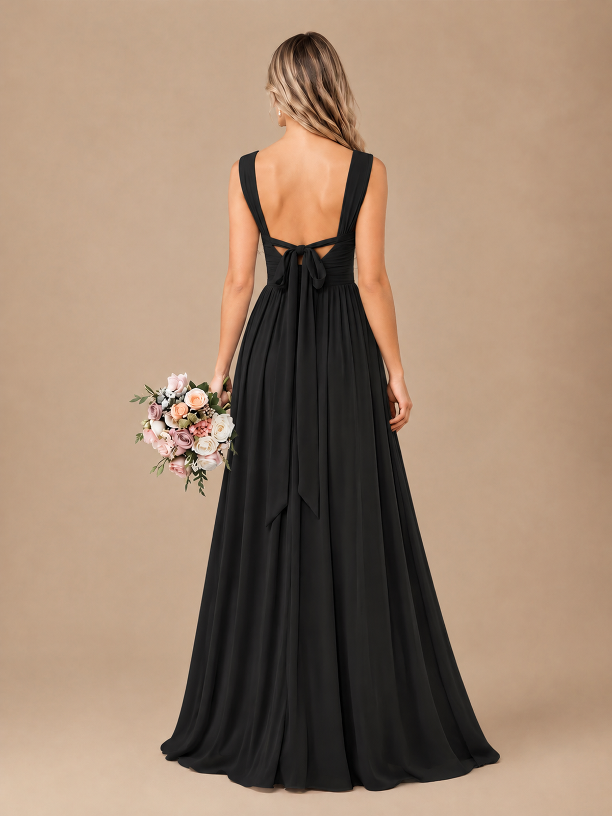 Pleated Chiffon V Neck Wedding Bridesmaid Dresses Floor Length with Slit