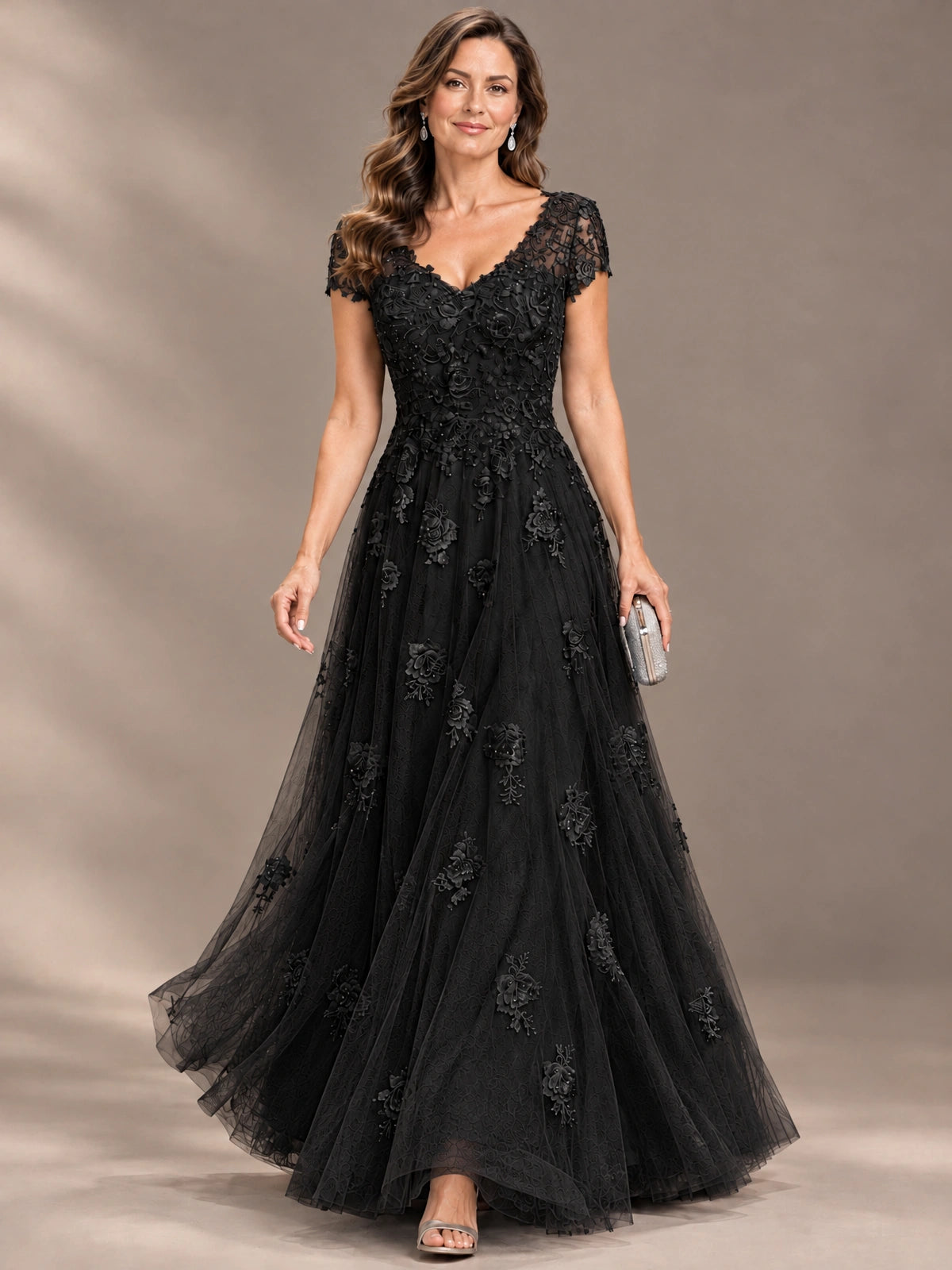 Lace Appliques A-line Mother of The Bride Dresses with Short Sleeves