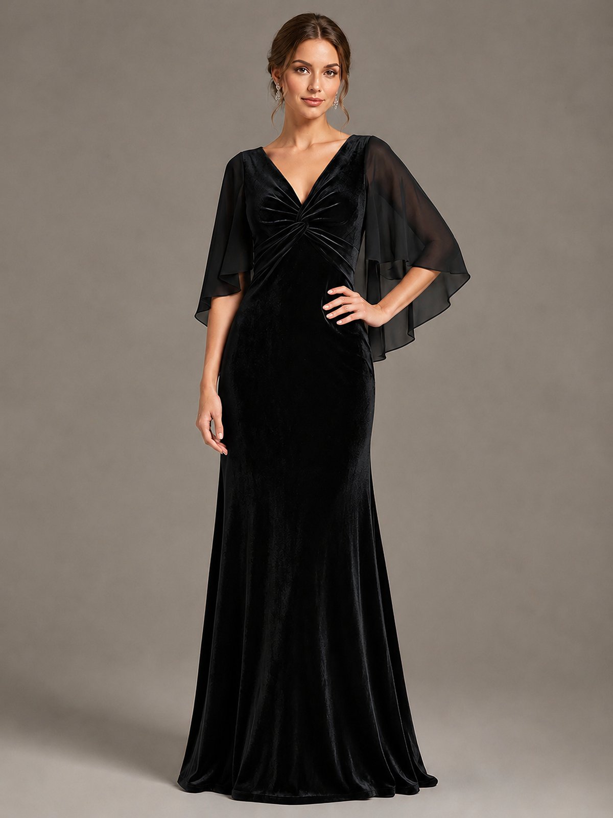 Navy Blue Velvet V Neck Mermaid Formal Dress with Flutter Cape Sleeves