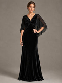 Navy Blue Velvet V Neck Mermaid Formal Dress with Flutter Cape Sleeves