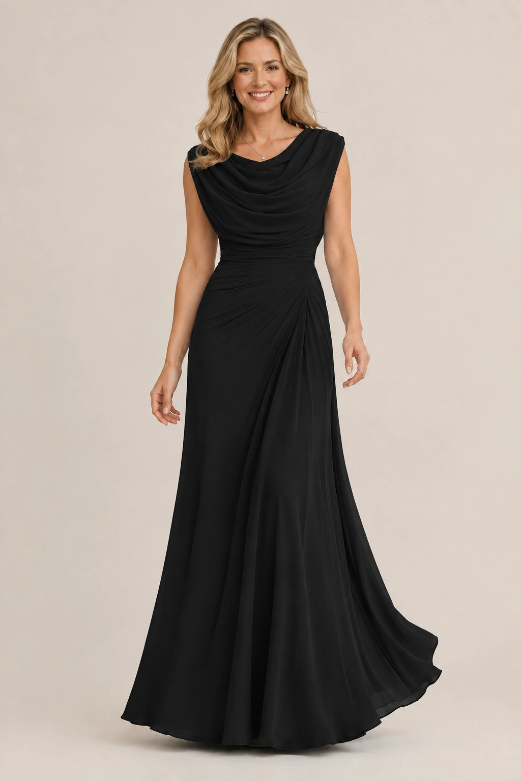 Cowl Neck Ruched Chiffon Mother of the Bride Dress