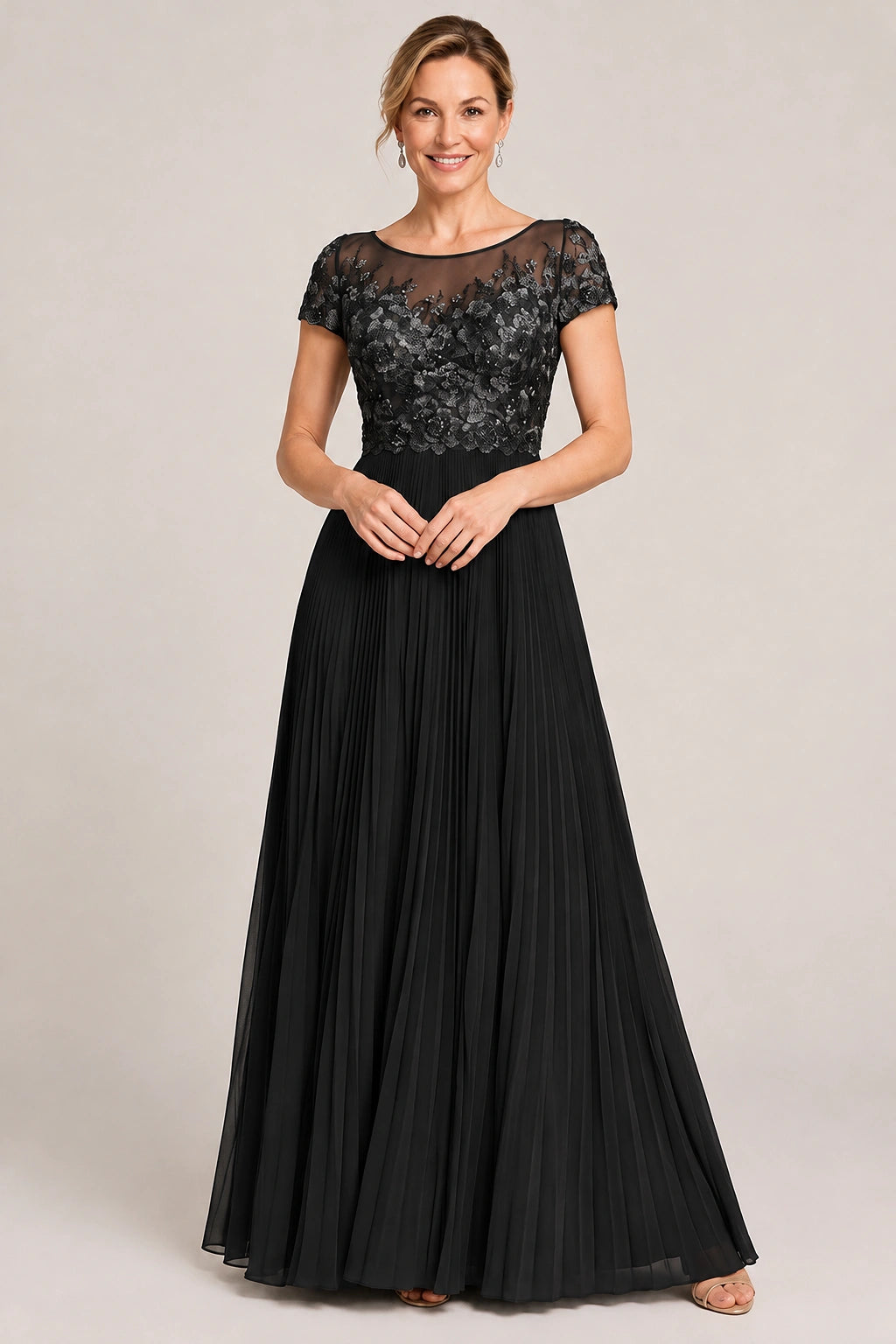 Embroidered Lace Pleated Mother of the Bride Dress