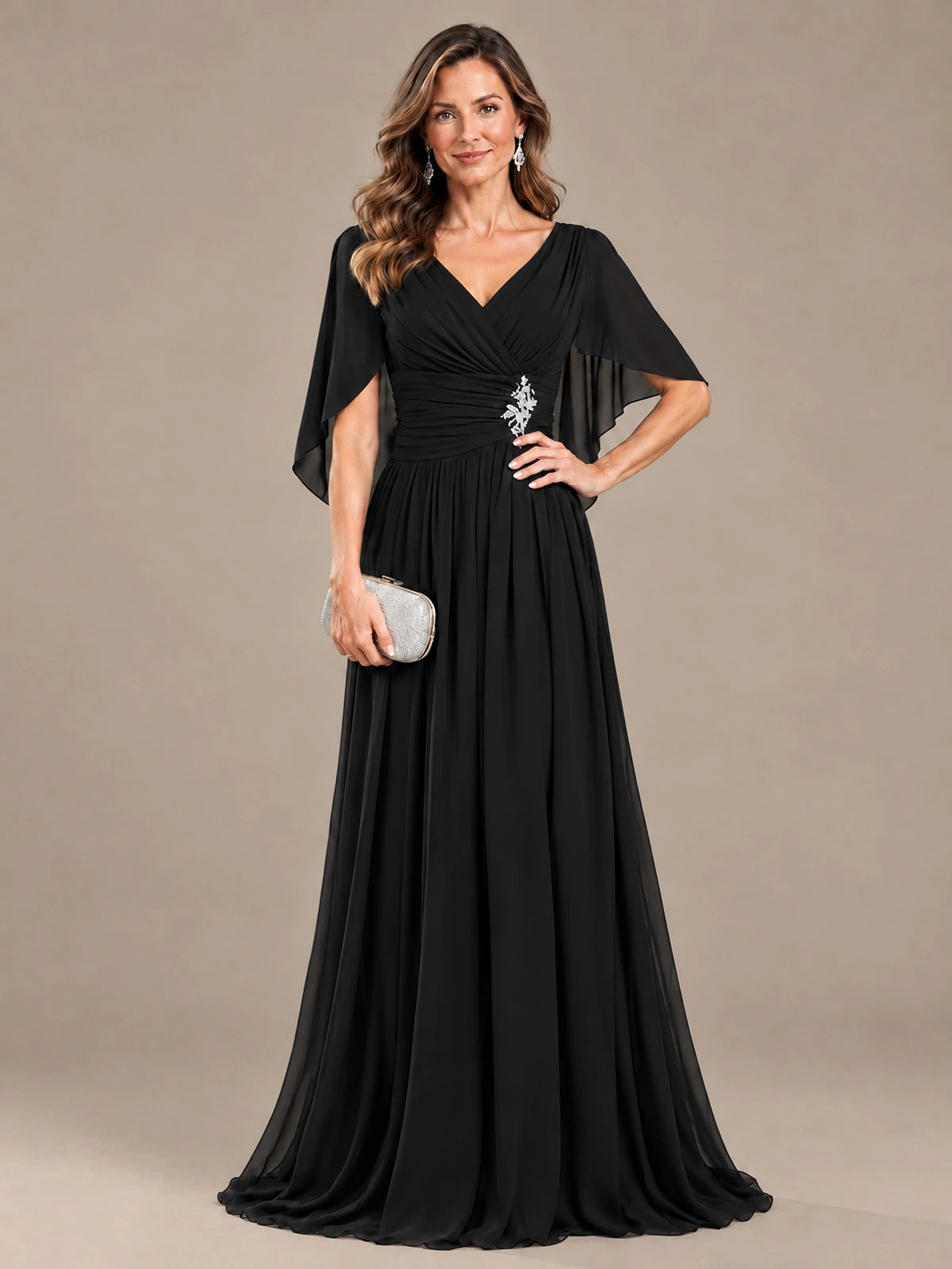 Ruched V Neck Mother of The Bride Dresses with Shawls Appliques and Cap Sleeves