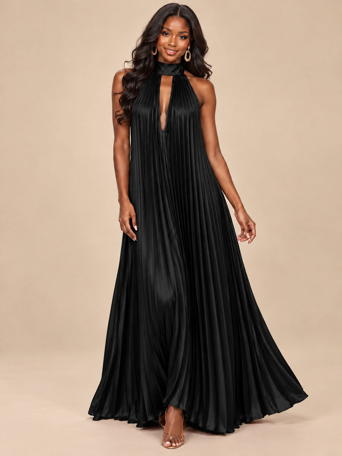 Rust Orange Pleated Halter Neck Maxi Dress