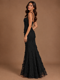Floral Applique Mermaid Formal Dress with Lace-Up Back
