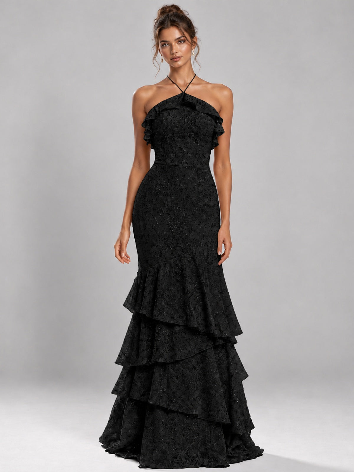 Halter Tiered Mermaid Prom Dress with Sparkly Lace