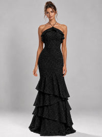 Halter Tiered Mermaid Prom Dress with Sparkly Lace