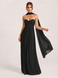 Black Strapless Ruched Chiffon Long Prom Dress with Scarf A-line Sweetheart Ruffled Formal Wedding Guest Dress Evening Gown