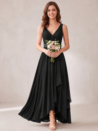 V-Neck High-Low Chiffon Bridesmaid Dress with Ruffles