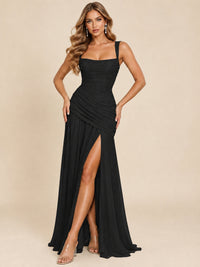 Wrap Pleated Prom Dress Scoop Neck with Slit Women Wedding Formal Dress
