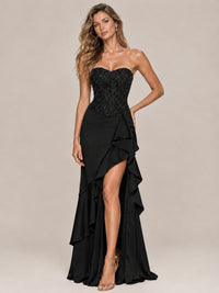 Strapless Lace Appliques Corset Satin Prom Dress Ruffle Slit Evening Gown